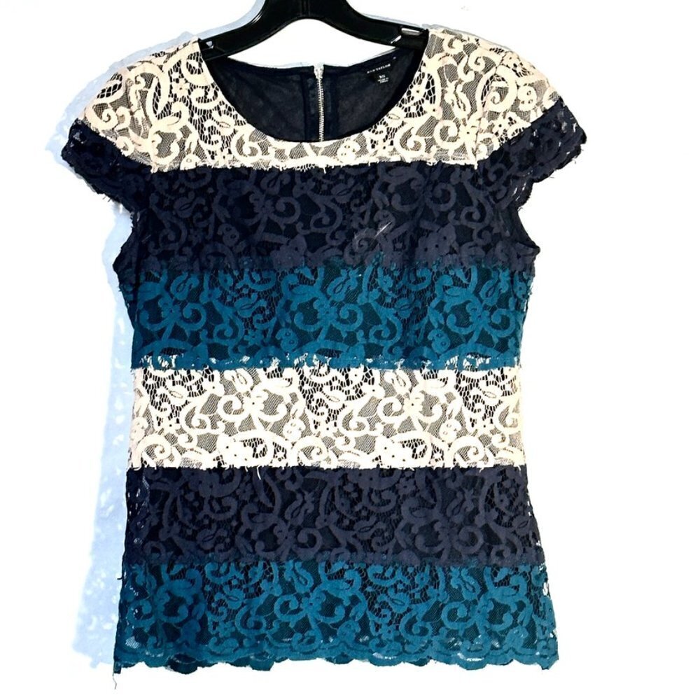 Ann Taylor XS Lace Top Black Teal Off-White Size Extra Small Short Sleeve Dressy - Picture 7 of 7